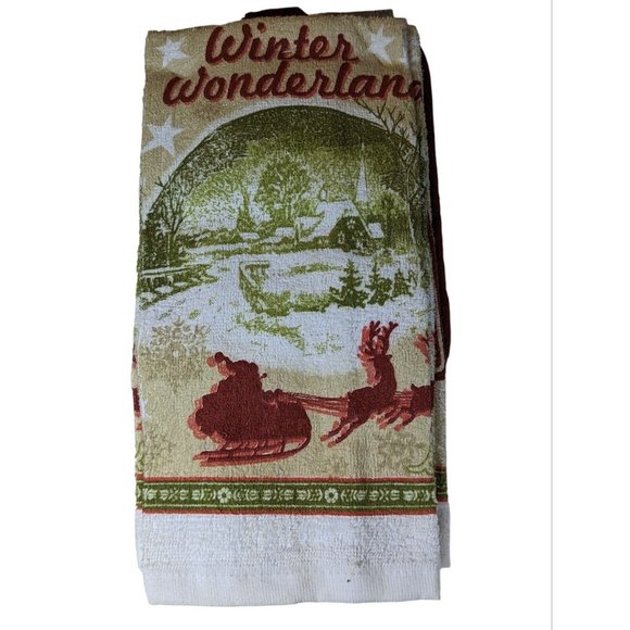 Vintage Franco Christmas Kitchen Towel Dishcloth Potholder Reindeer Sleigh Set - Picture 2 of 4